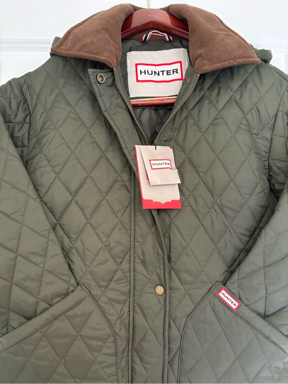 Hunter Women’s Quilted Long Coat Olive Green Corduroy Collar NWT XS - Picture 3 of 8